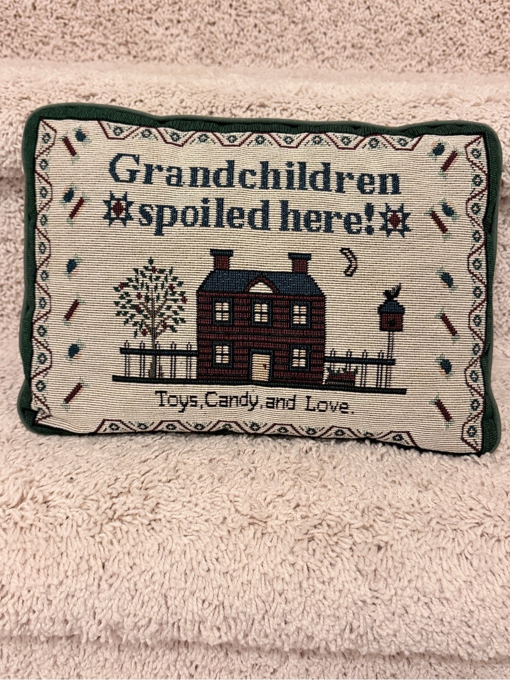 Grandchildren Spoiled Here! Holiday Accent Pillow - Green and Cream